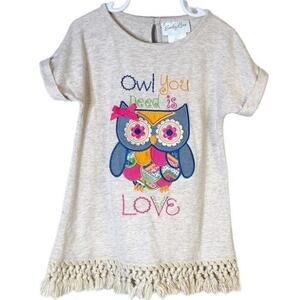 Emily Rose Kids/ Girls Oatmeal‎ Owl Applique Fringe Hem 6 Boho Bird Colorful